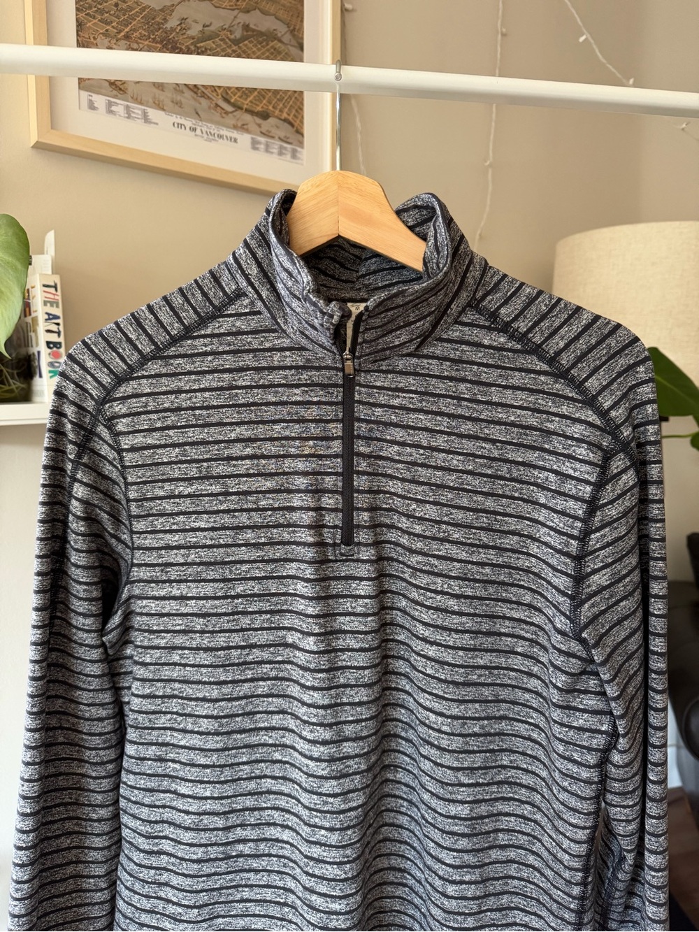 Lululemon Men's Stretchy Performance Black & Gray Striped 1/4 Zip Pullover